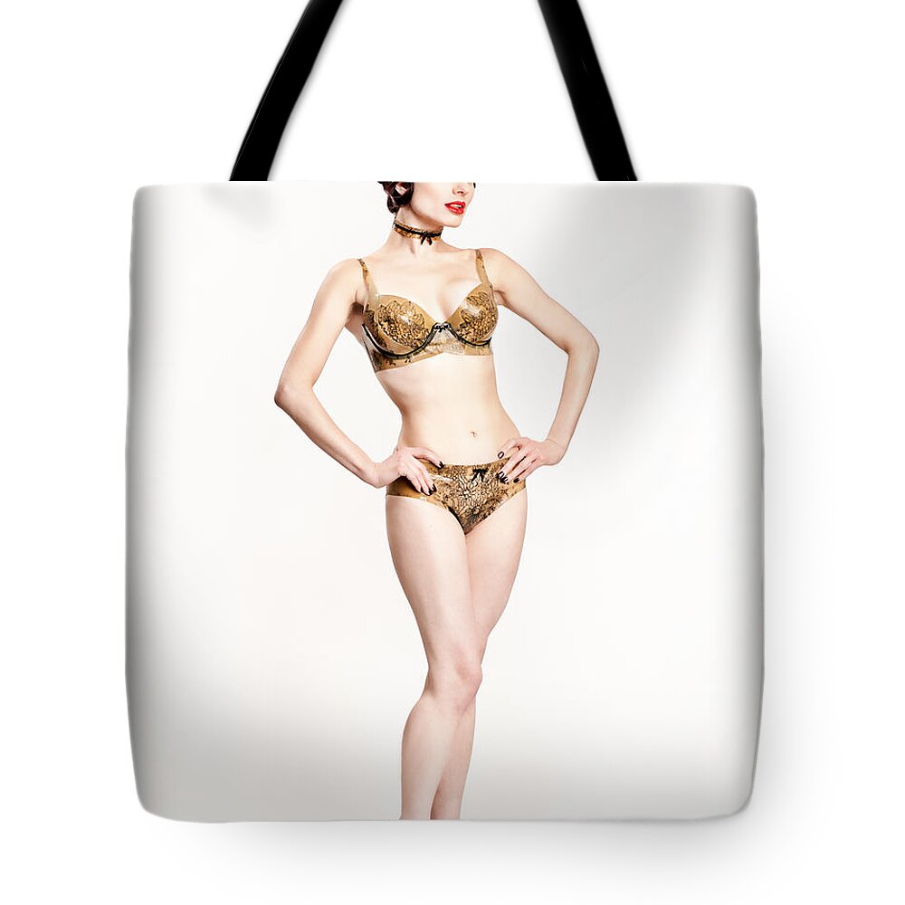 Latex Fetish Tote Bag featuring the photograph Darenzia 1013 by Gary Heller