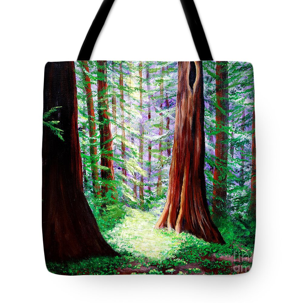 Redwood Tote Bag featuring the painting Daybreak in the Redwoods by Laura Iverson