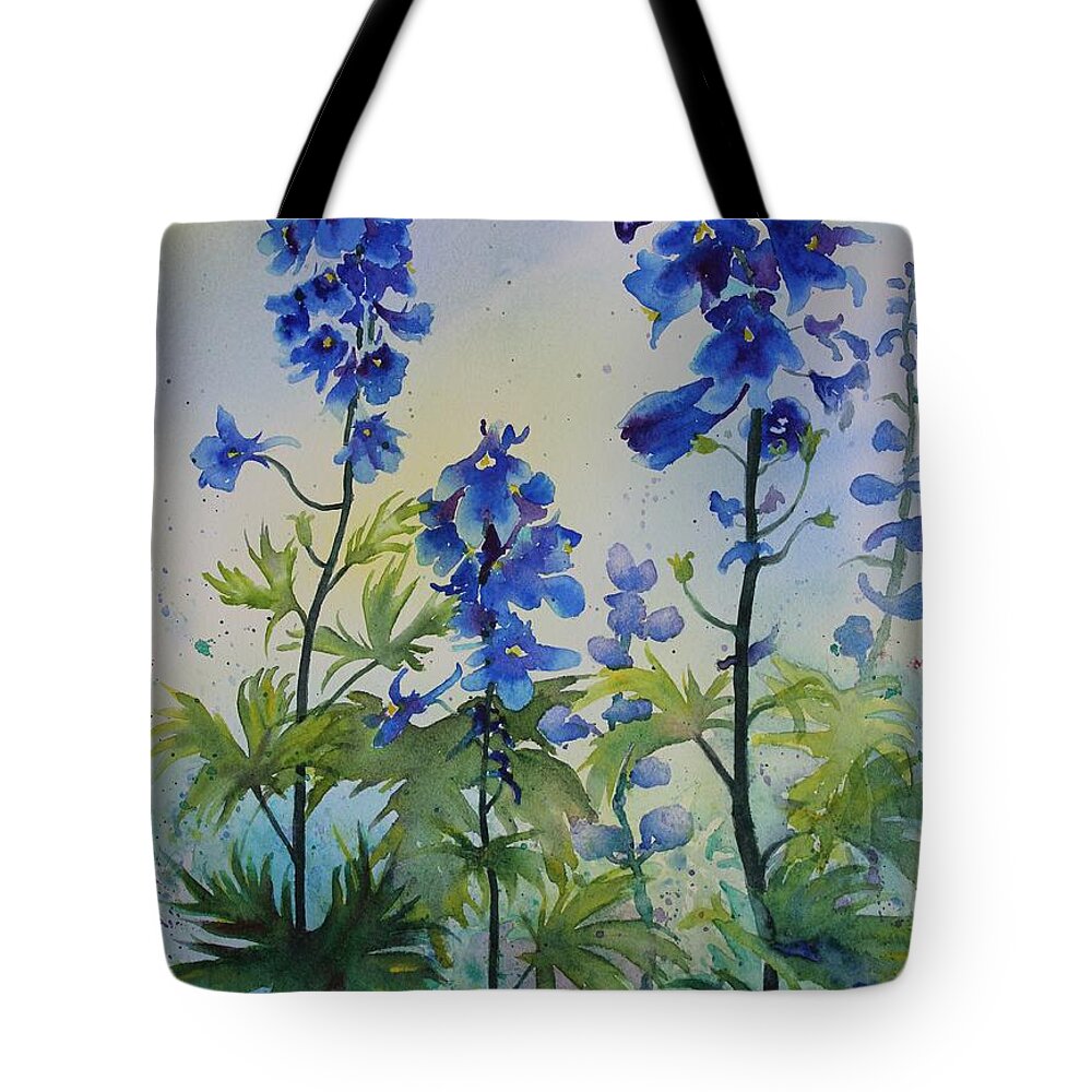 Blue Flowers Tote Bag featuring the painting Delphiniums by Ruth Kamenev