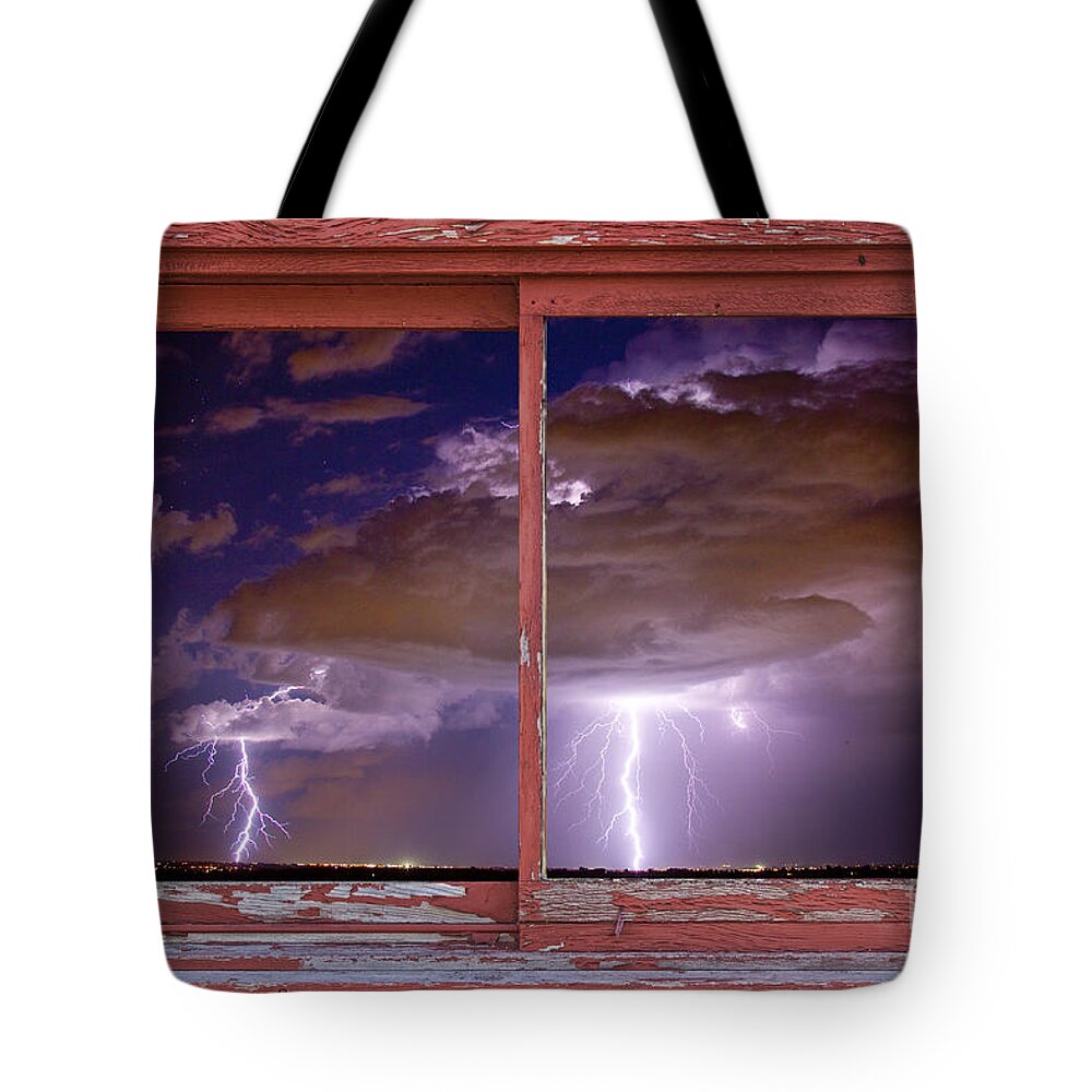 Picture Tote Bag featuring the photograph Double Trouble Lightning Picture Red Rustic Window Frame Photo A by James BO Insogna