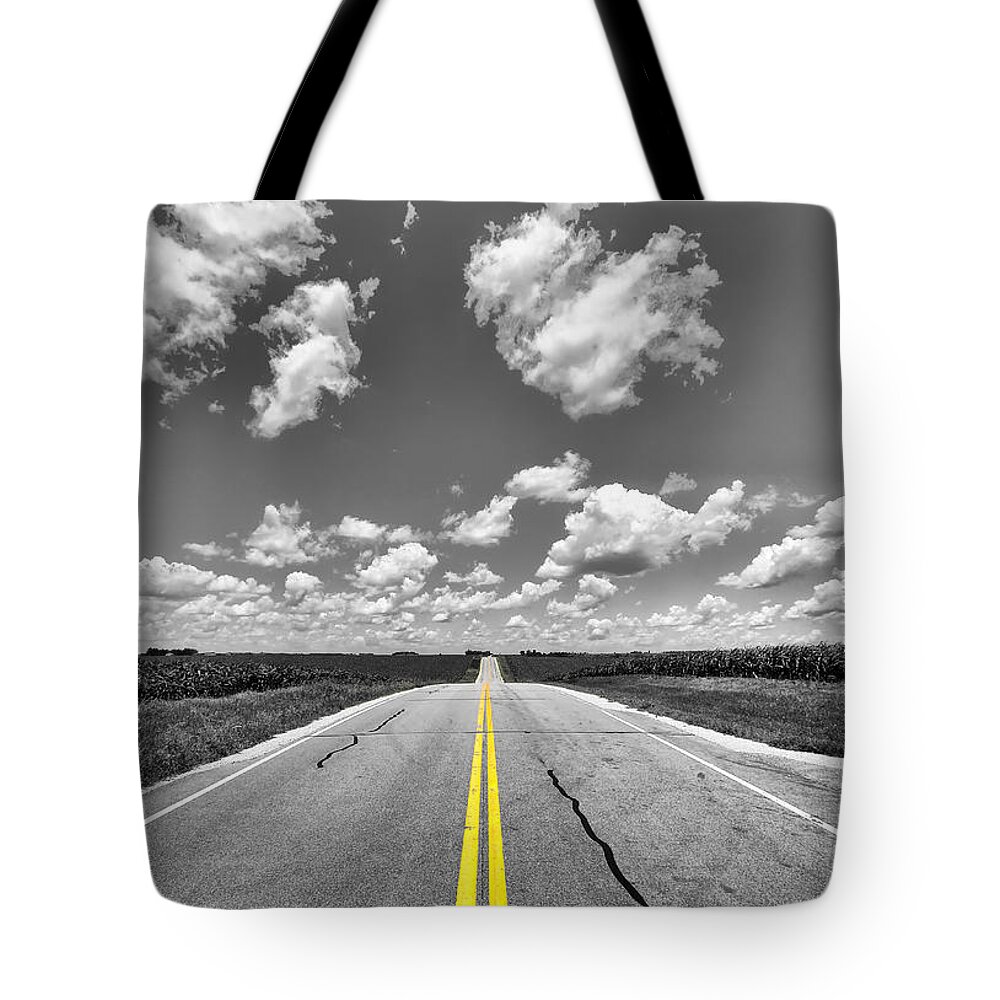 B&w Tote Bag featuring the photograph Down a Black and White Road by Bill and Linda Tiepelman