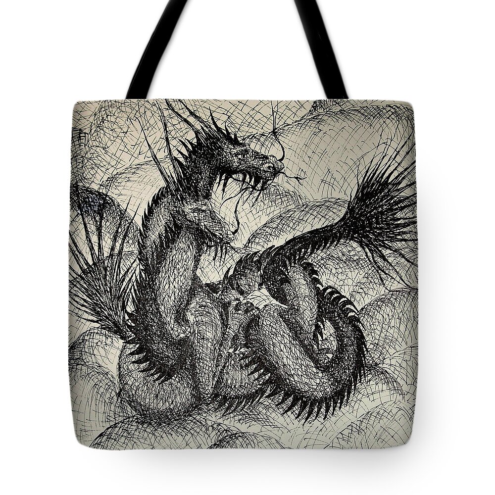 Dragons Tote Bag featuring the drawing Dragon Love by Gitta Brewster