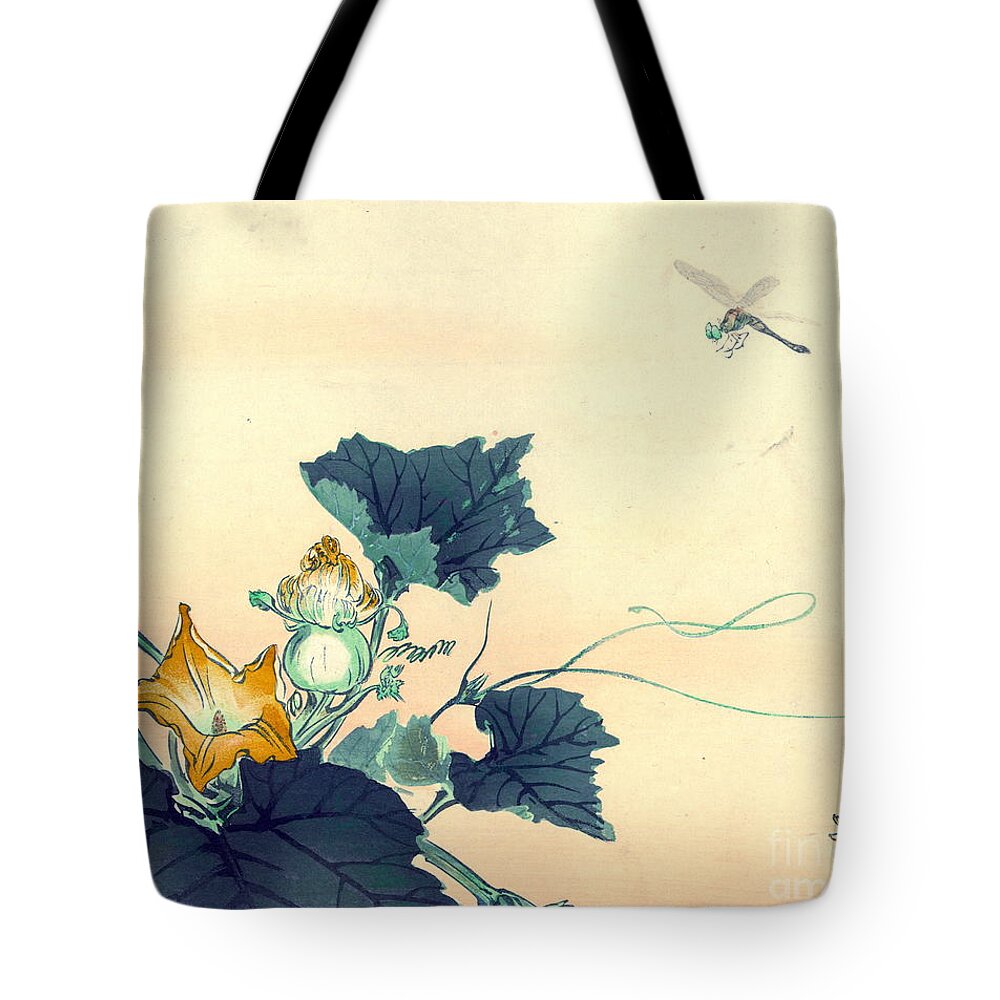 Dragonfly And Squash Blossoms 1890 Tote Bag featuring the photograph Dragonfly and Squash Blossoms 1890 by Padre Art