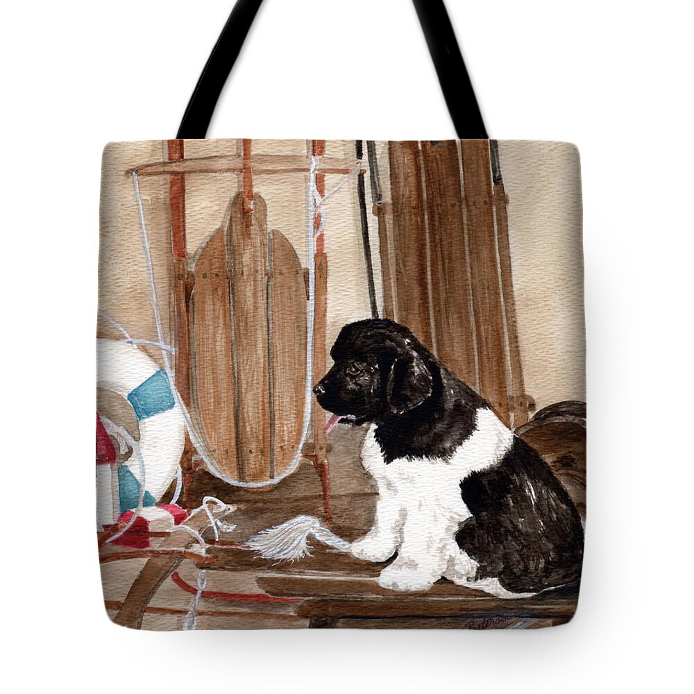 Newfoundland Puppy Tote Bag featuring the painting Dreaming of Winter by Nancy Patterson