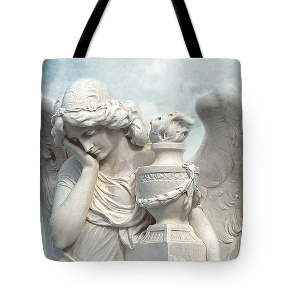 Angel Tote Bag featuring the photograph Dreamy Cemetery Angel Statue Surreal Beautiful Angel Art Blue Sky by Kathy Fornal