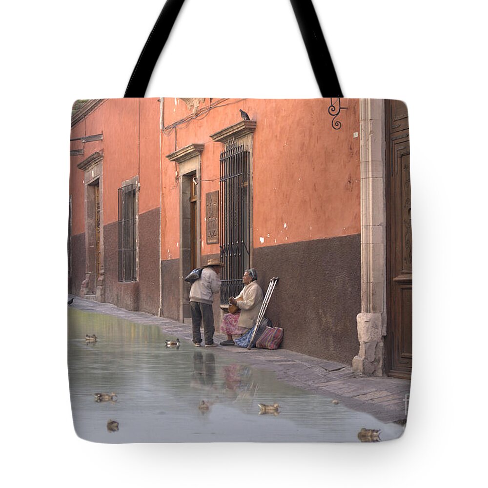 Ducks Tote Bag featuring the digital art Ducks Swimming On Calle Reloje by John Kolenberg