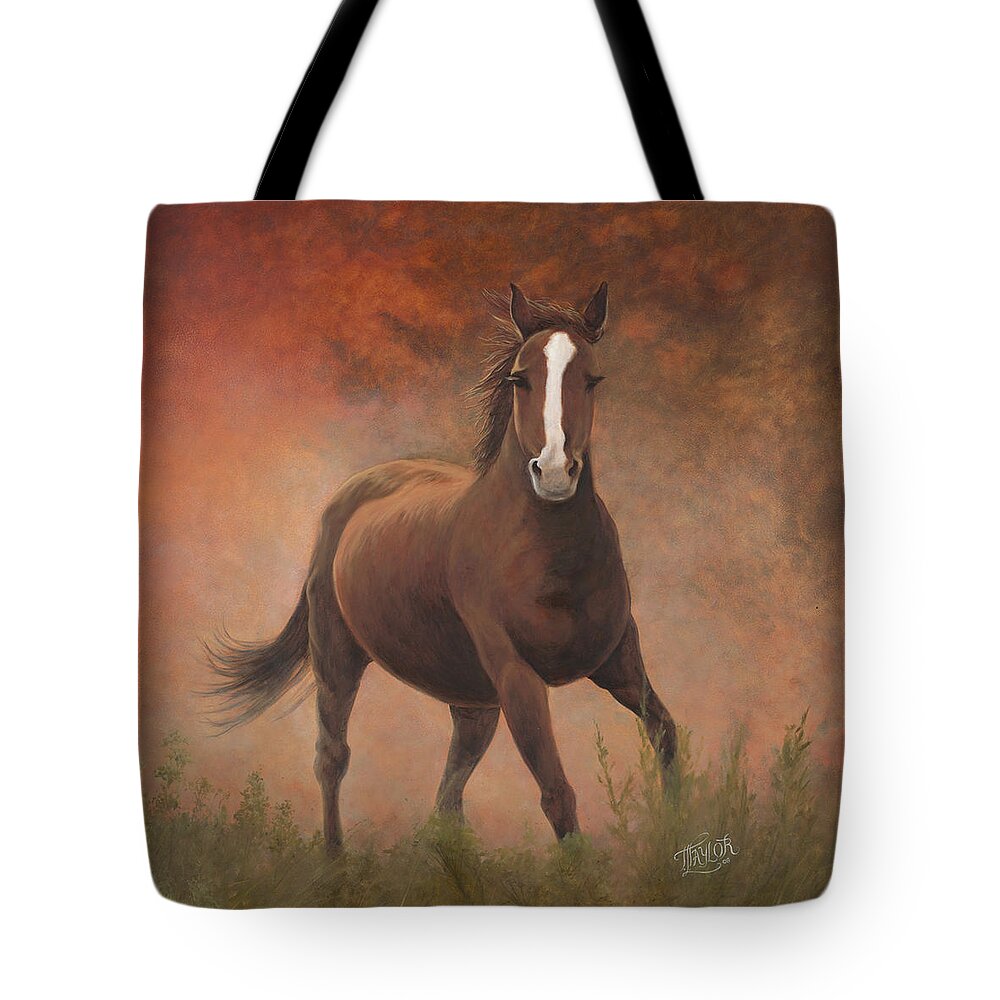 Horse Running At Sunrise Tote Bag featuring the painting Early Morning Light by Tammy Taylor