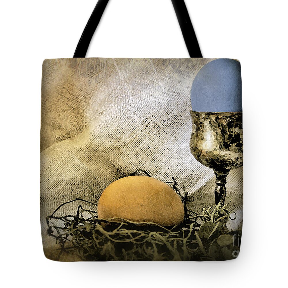 Eggshell And Blue Easter Eggs Tote Bag featuring the photograph Easter with patina 3 by Danuta Bennett
