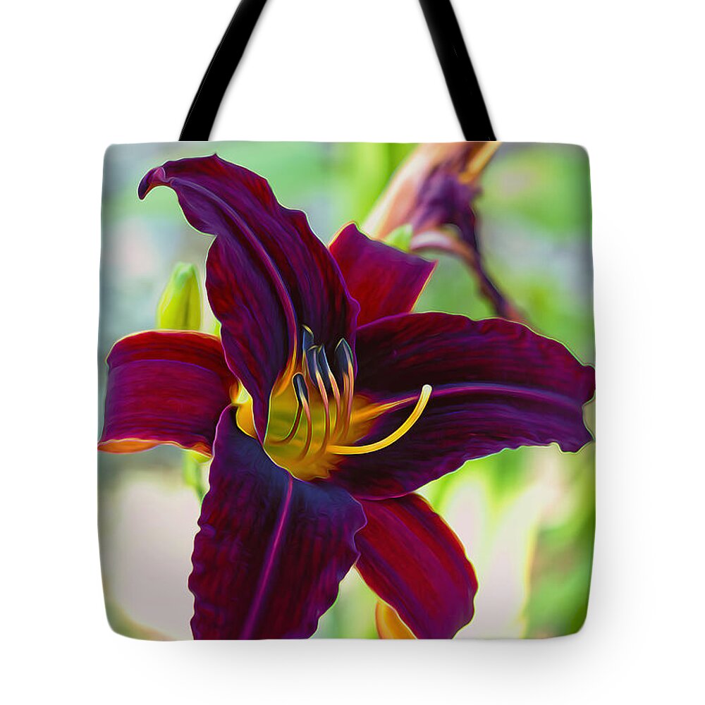 Lily Tote Bag featuring the photograph Electric Maroon Lily by Bill and Linda Tiepelman