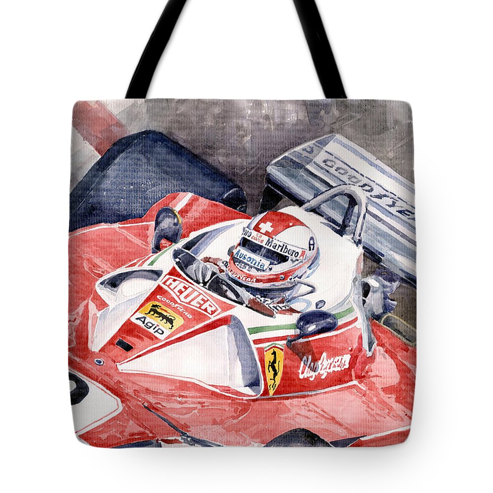 Watercolor Tote Bag featuring the painting Ferrari 312 T 1976 Clay Regazzoni by Yuriy Shevchuk