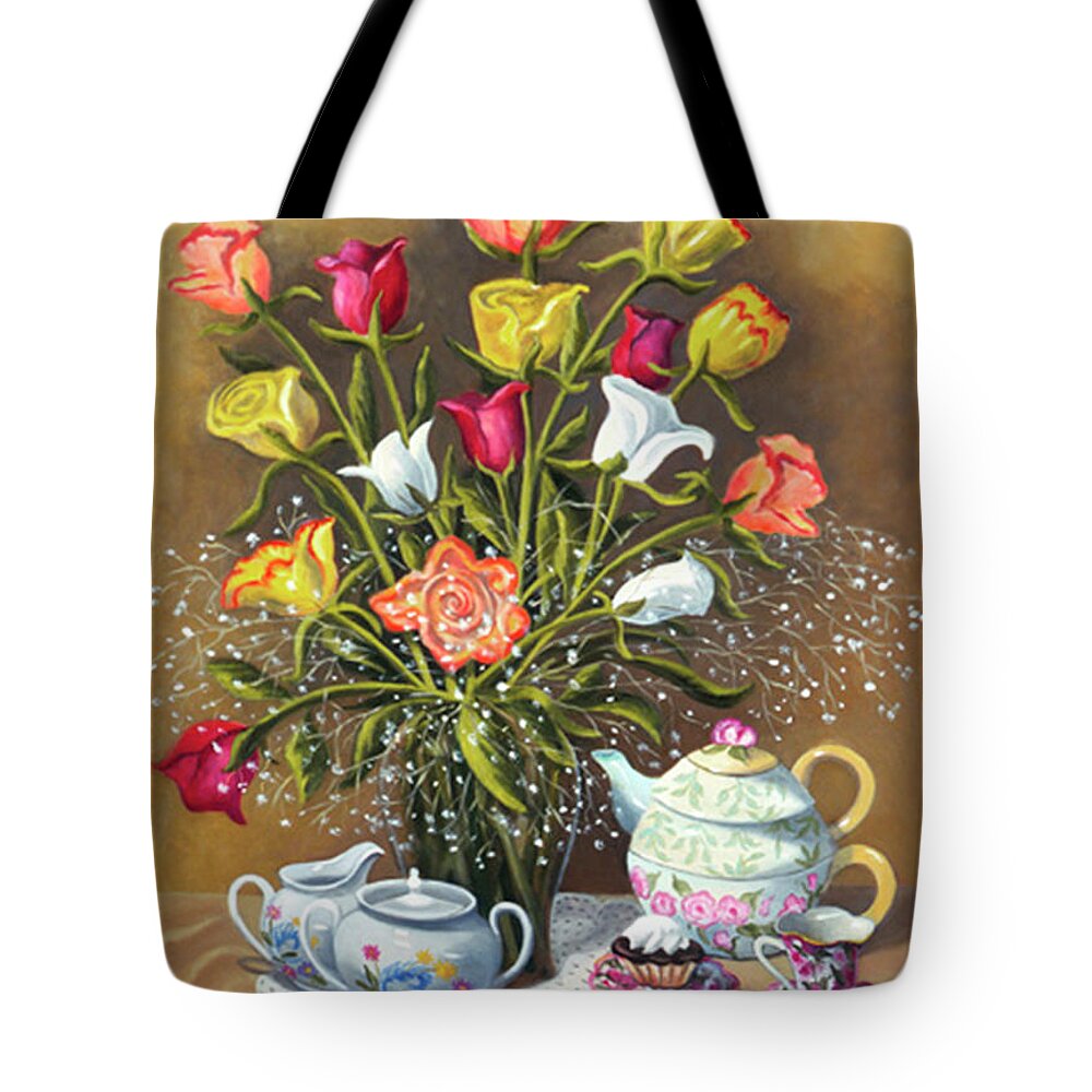 Floral Tote Bag featuring the painting Floral With China And Ceramics by Madeline Lovallo