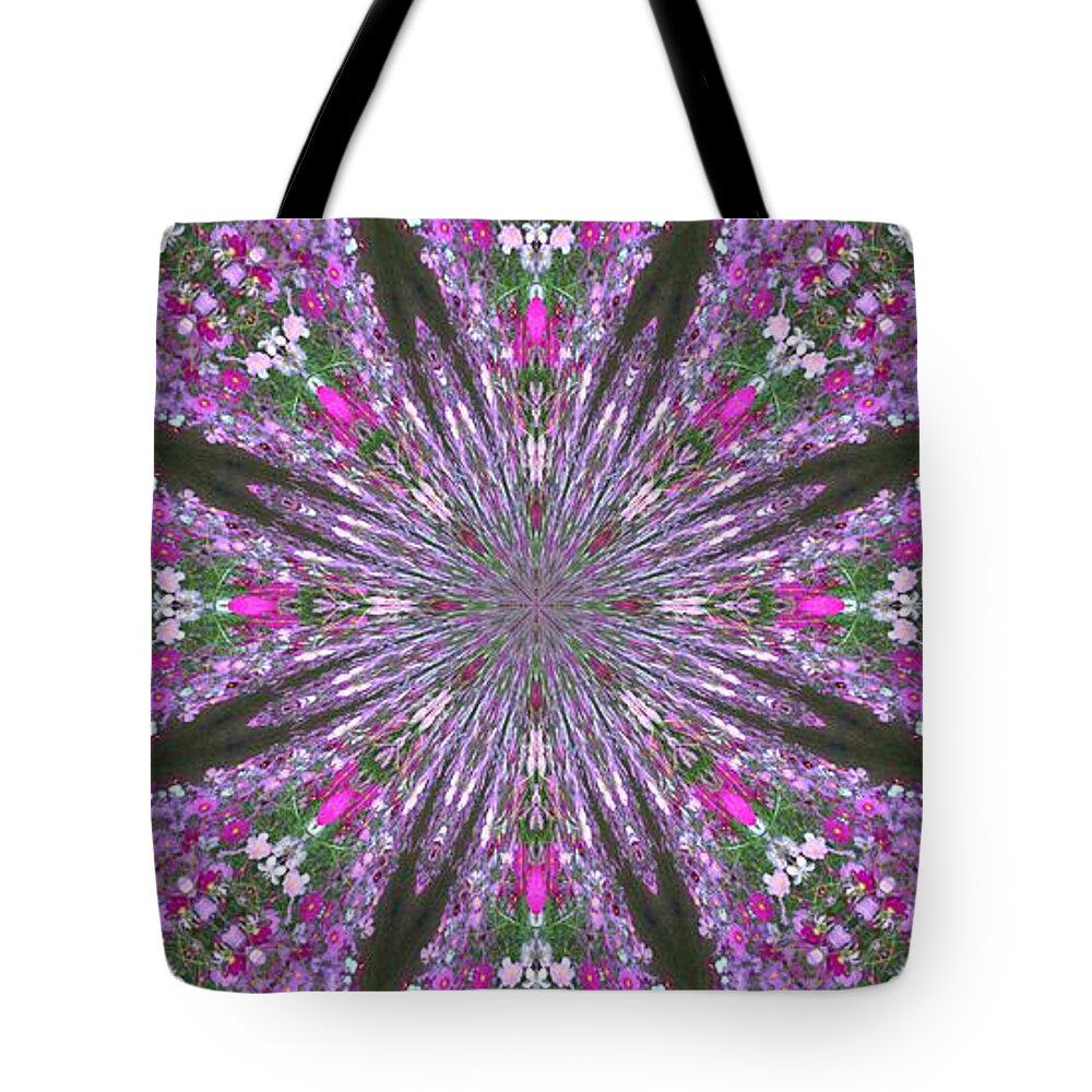 Kaleidoscopic Tote Bag featuring the photograph Flowery Snow Flake by Donna Brown