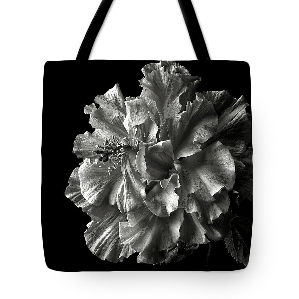 Flower Tote Bag featuring the photograph Fluffy Hibiscus in Black and White by Endre Balogh