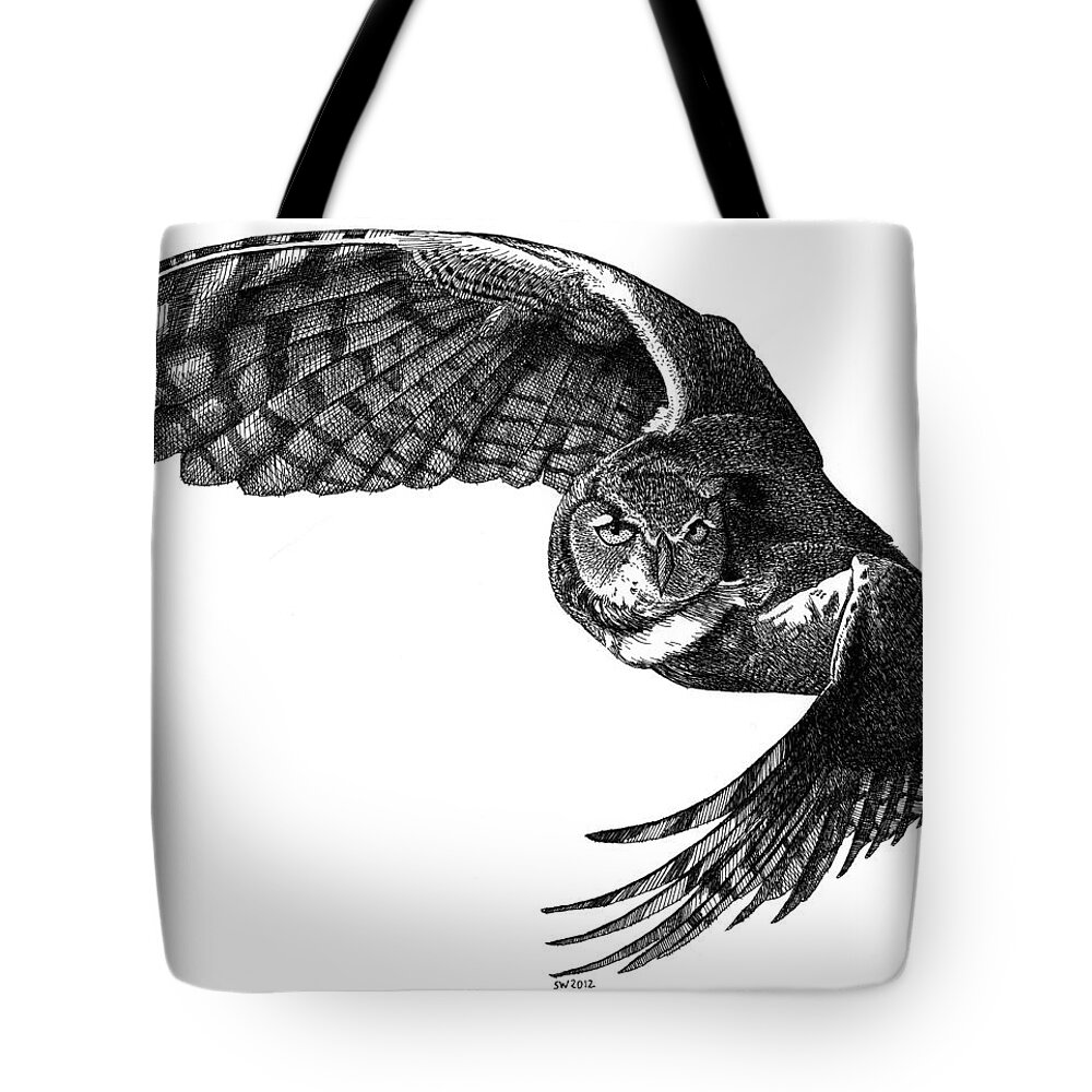 Great Horned Owl Tote Bag featuring the drawing Flying Owl by Scott Woyak