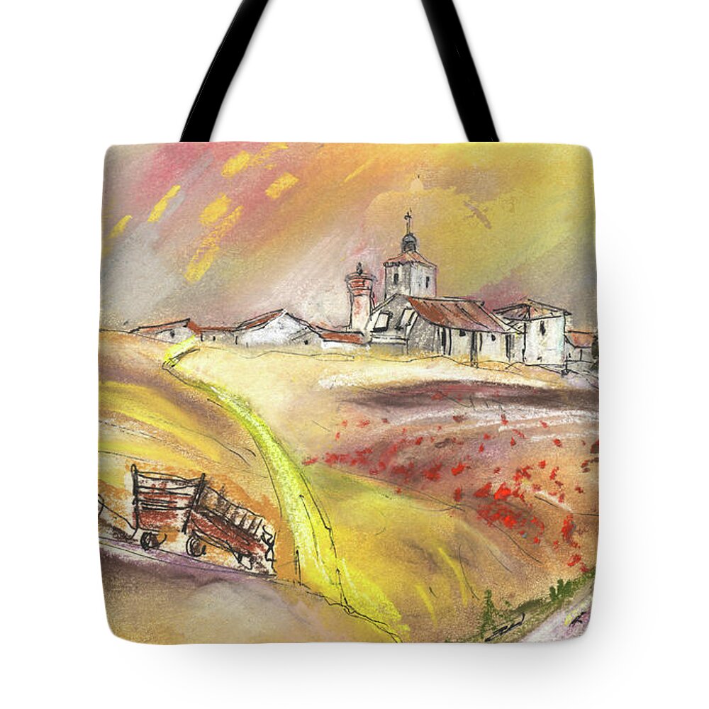 Spain Tote Bag featuring the painting Fuente del Cuellar in Spain by Miki De Goodaboom