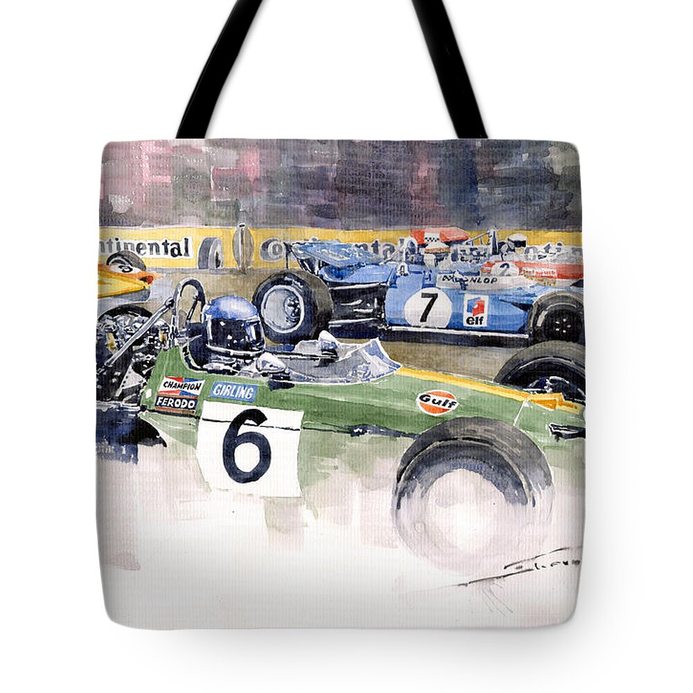 Watercolor Tote Bag featuring the painting Germany GP Nurburgring 1969 by Yuriy Shevchuk