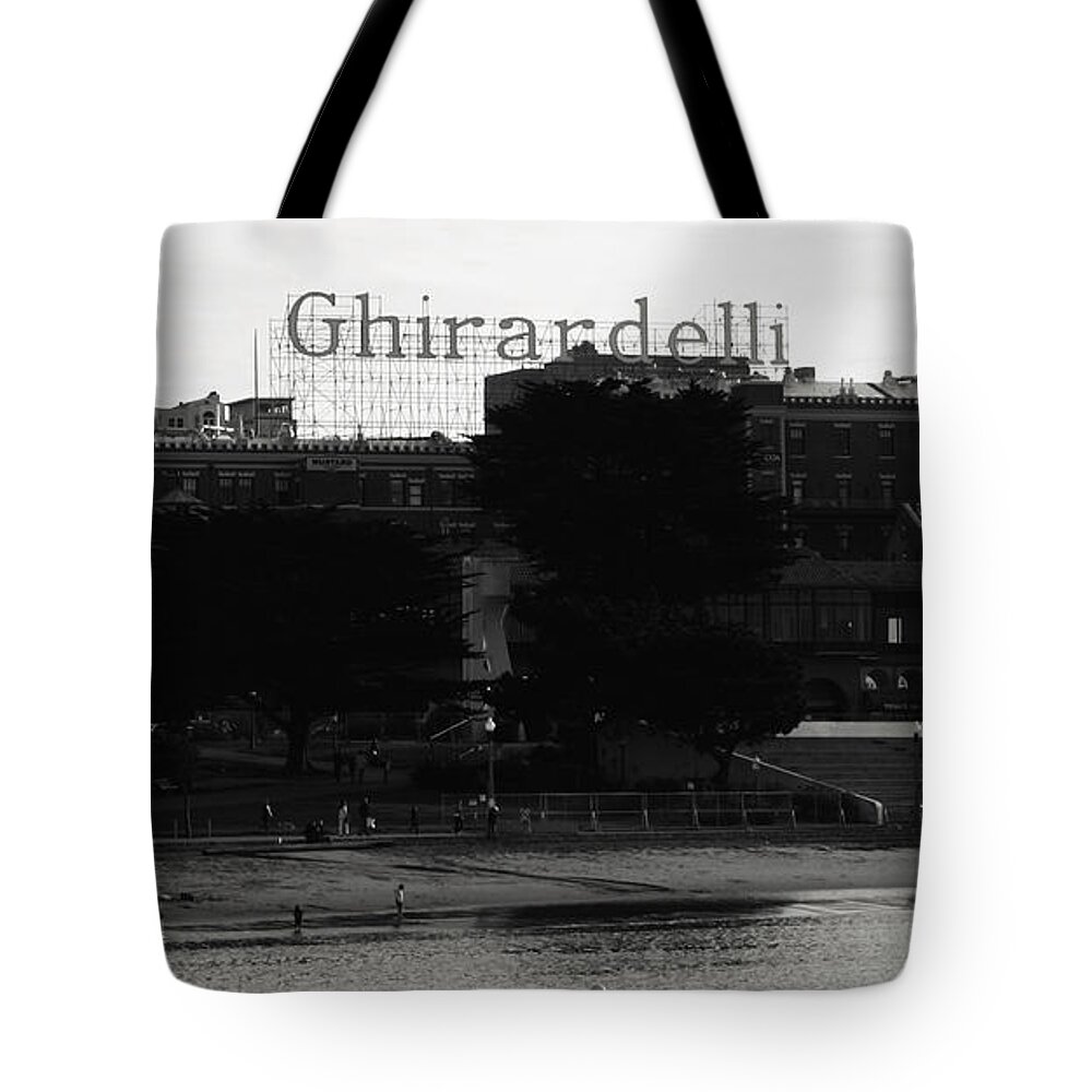 Ghirardelli Square Tote Bag featuring the photograph Ghirardelli Square in Black and White by Linda Woods