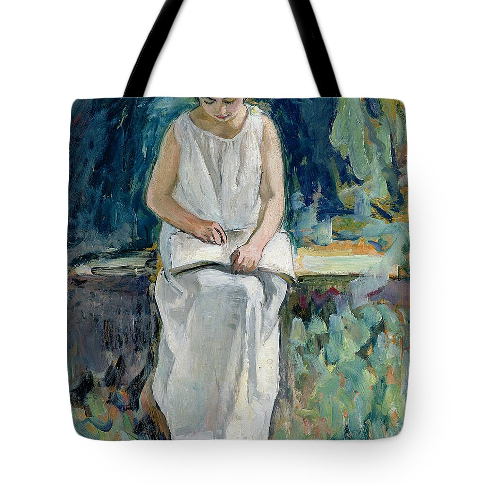 Girl Reading Tote Bag featuring the painting Girl Reading by Henri Lebasque