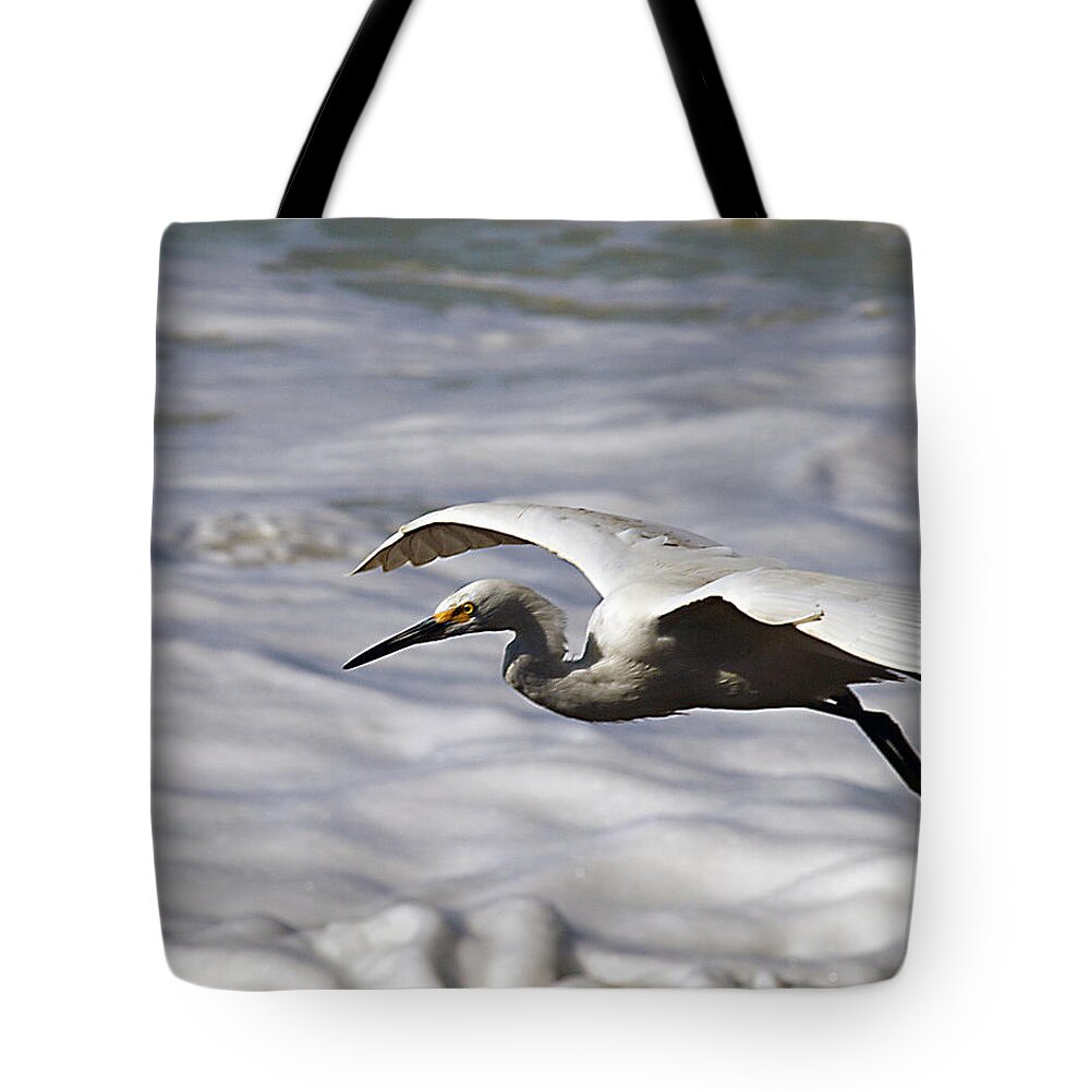 Egret Tote Bag featuring the photograph Gliding Snowy Egret by Joe Schofield
