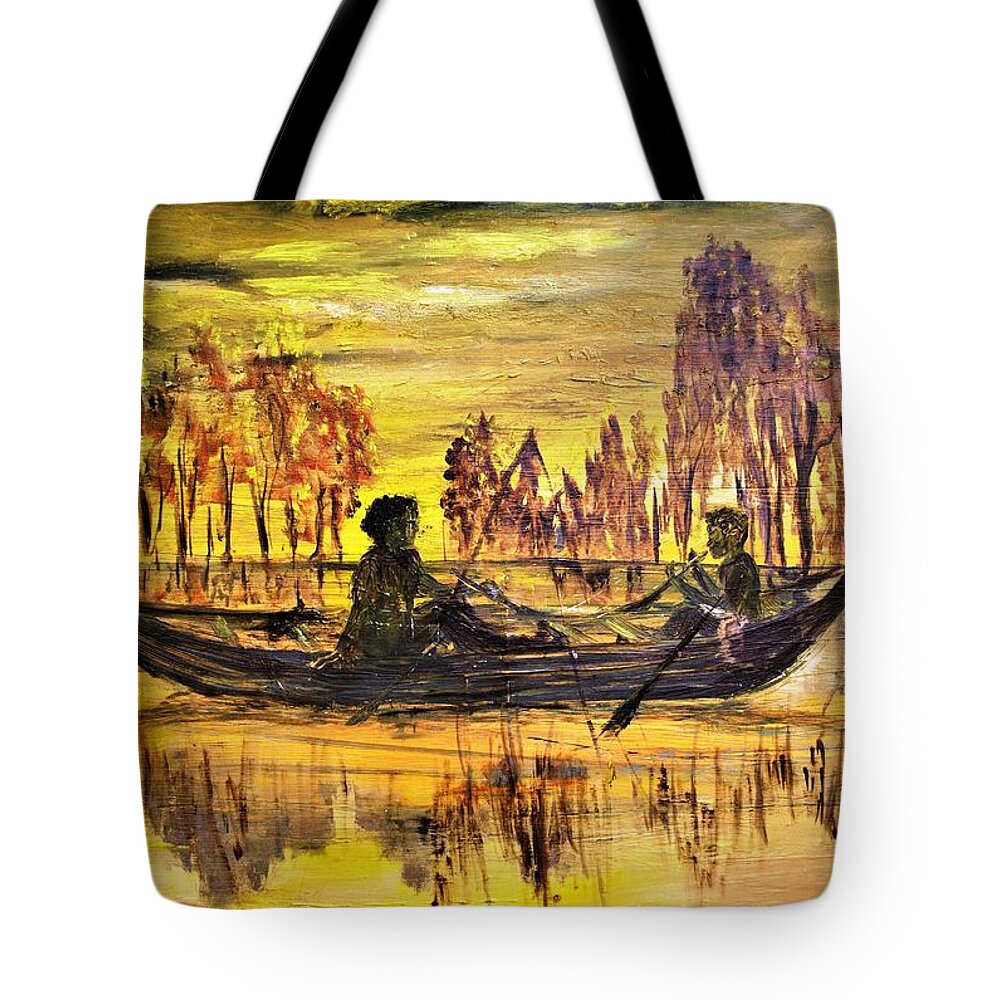 Sunset Tote Bag featuring the painting Going Fishing by Evelina Popilian