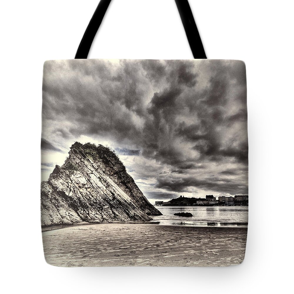 Goscar Rock Tenby Tote Bag featuring the photograph Goscar Rock Tenby Cream by Steve Purnell