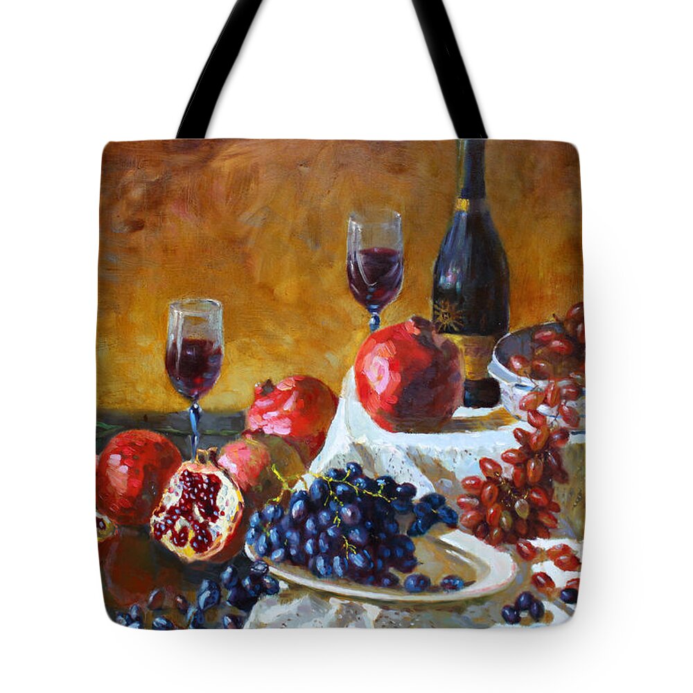 Grapes Tote Bag featuring the painting Grapes and Pomgranates by Ylli Haruni