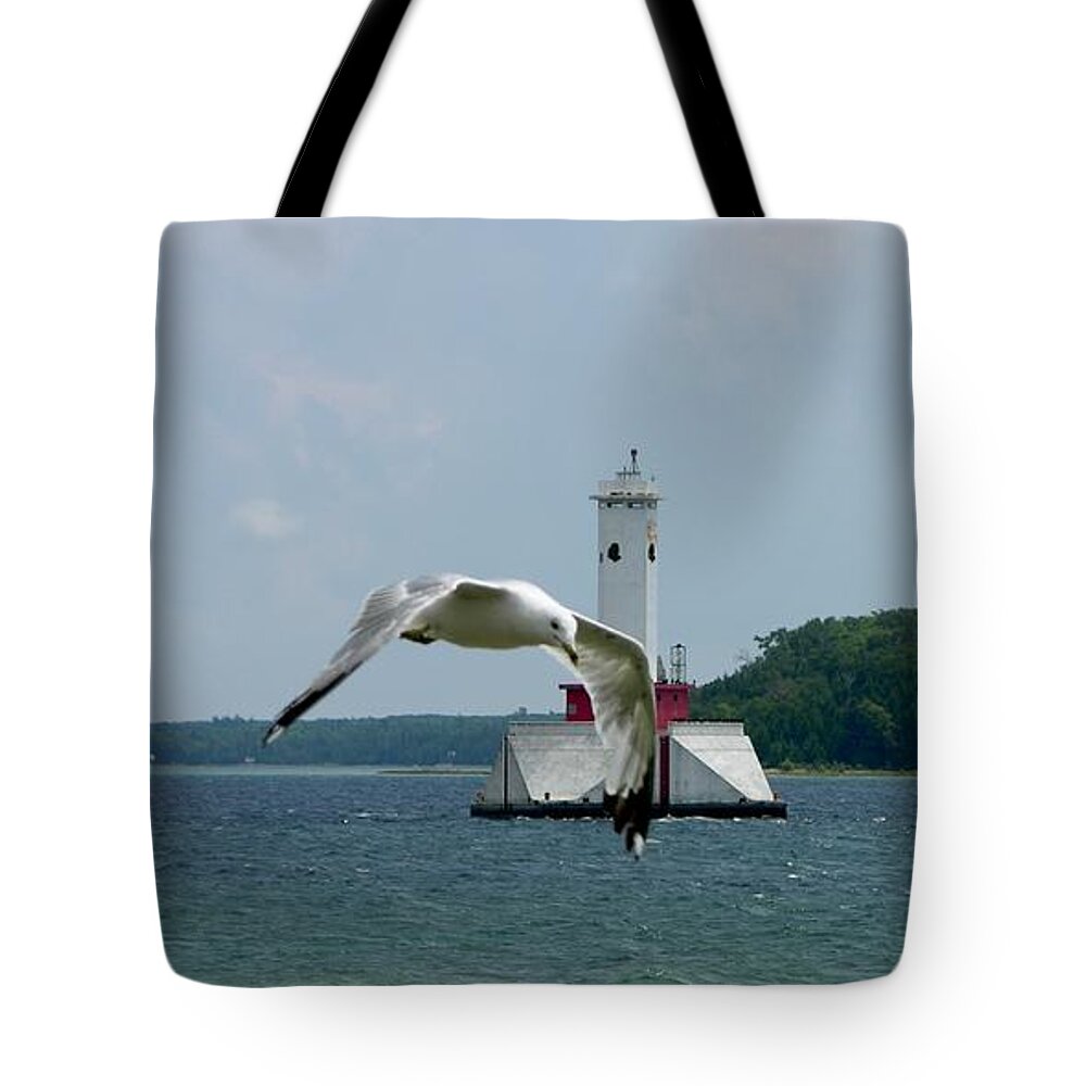 Sea Gull Tote Bag featuring the photograph Gull and Lighthouse by Keith Stokes