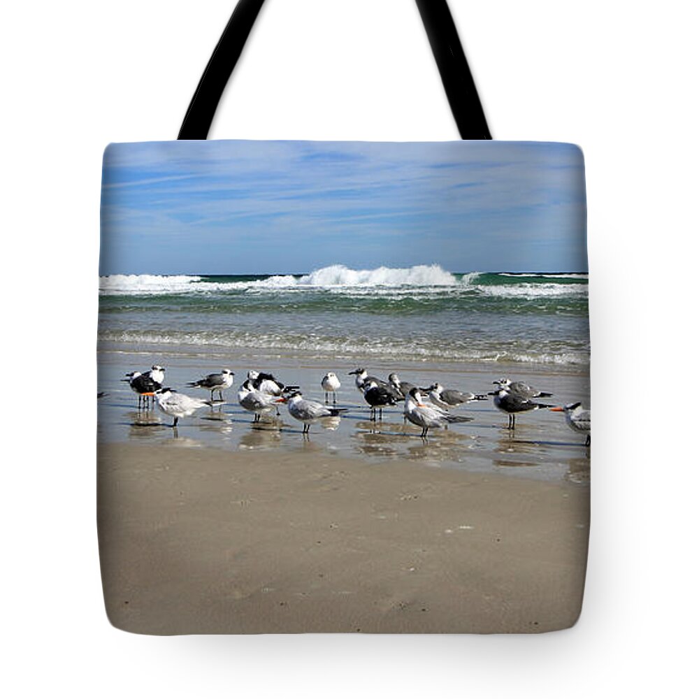 Seagulls Tote Bag featuring the photograph Gulls and Waves II by Mary Haber