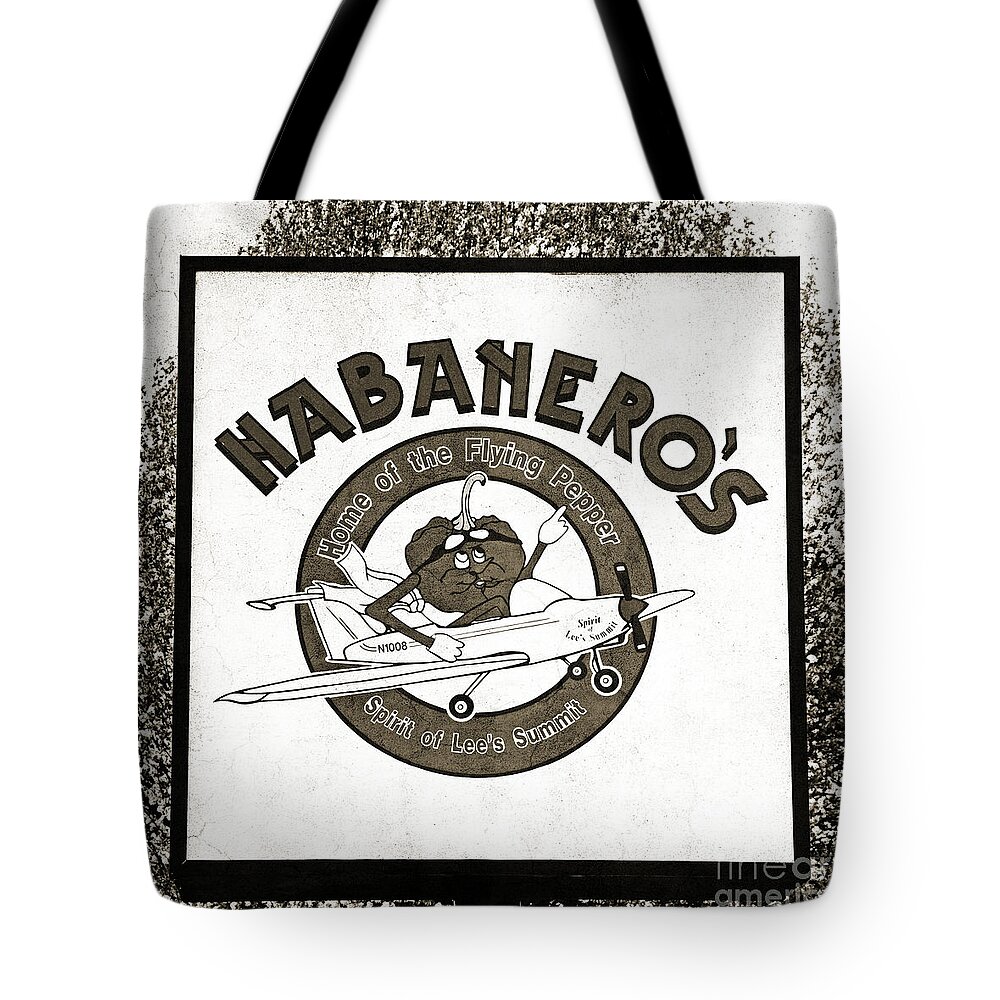 Advertisement Tote Bag featuring the photograph Habaneros Home Of The Flying Pepper Sign 2 by Andee Design
