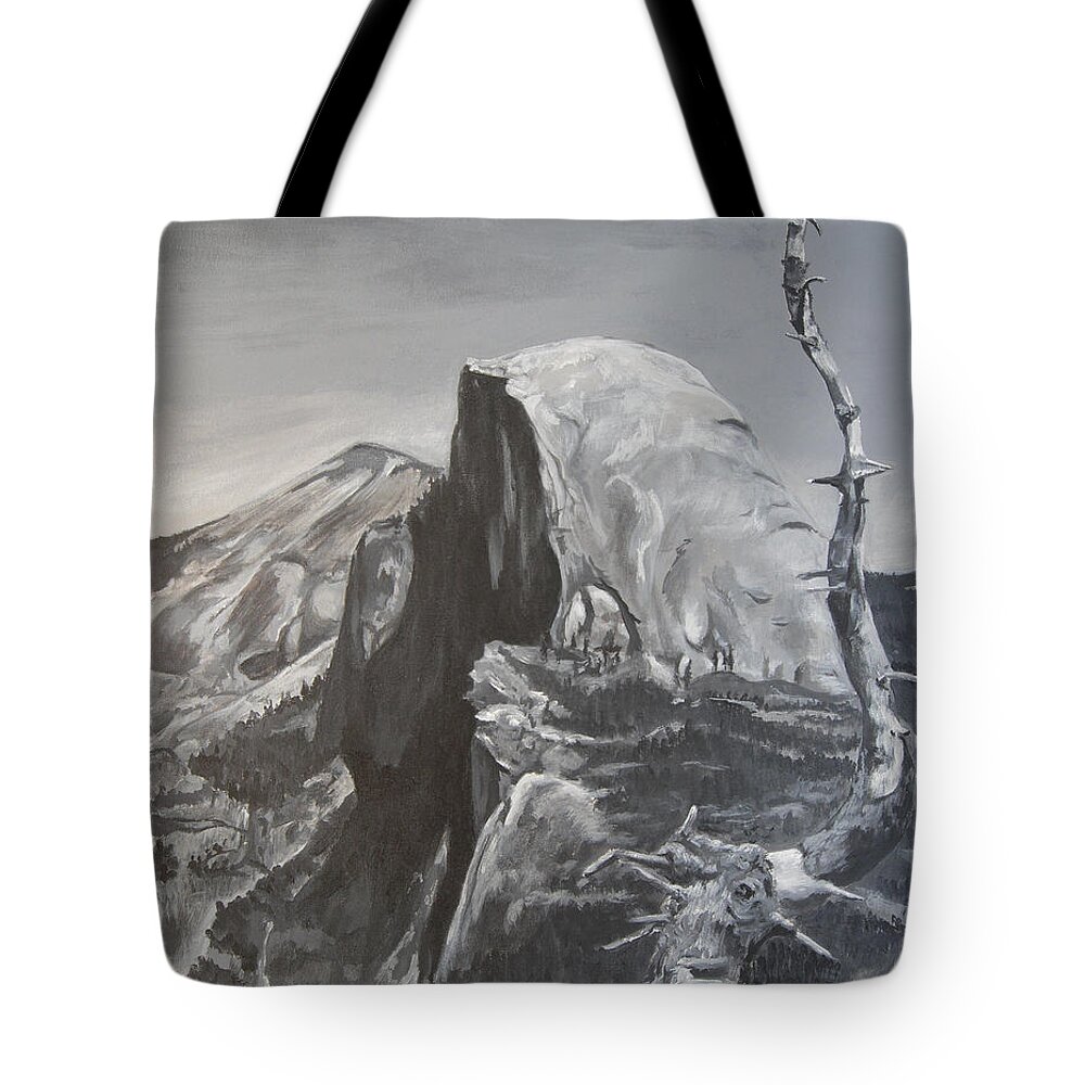 Black And White Painting Tote Bag featuring the painting Half Dome Tree by Travis Day
