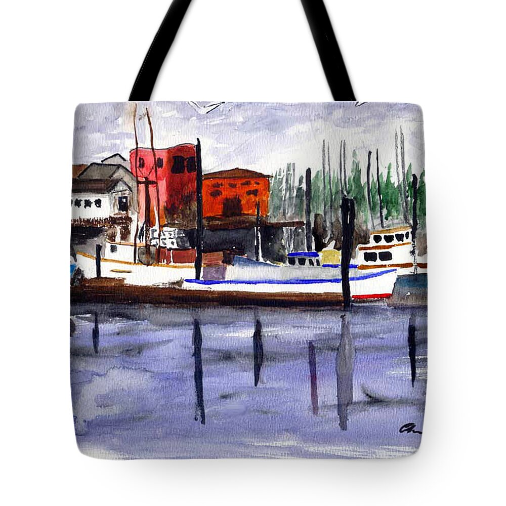Watercolor Tote Bag featuring the painting Harbor Fishing Boats by Chriss Pagani