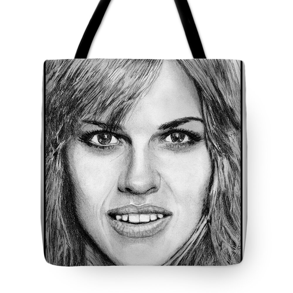 Hilary Swank Tote Bag featuring the drawing Hilary Swank in 2007 by J McCombie