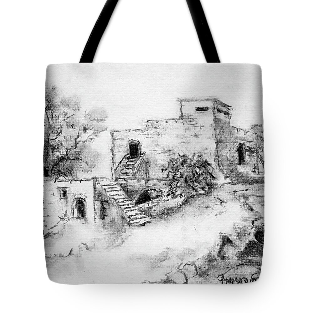Hirbe Tote Bag featuring the painting Hirbe landscape in Afek black and white old building ruins trees bricks and stairs by Rachel Hershkovitz