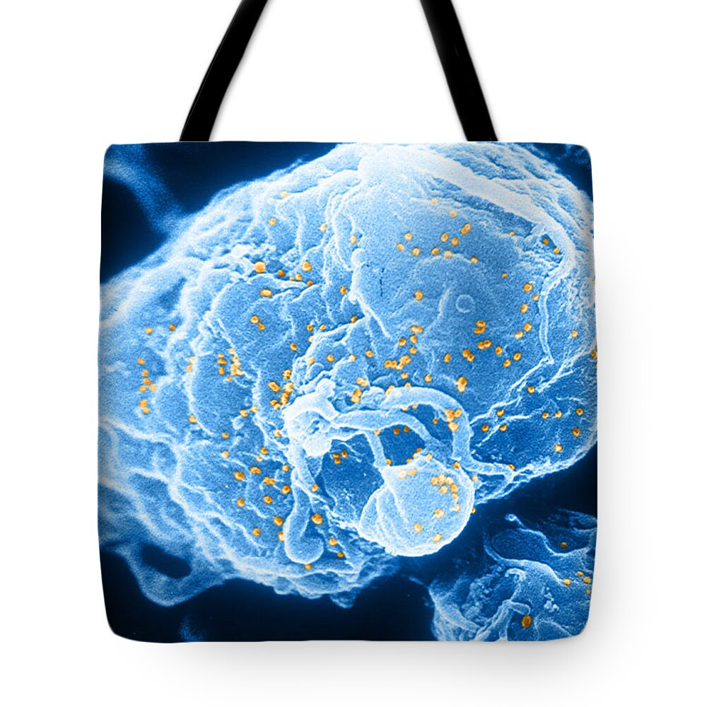 Medical Tote Bag featuring the photograph Hiv-1 Infected T4 Lymphocyte Sem by Science Source