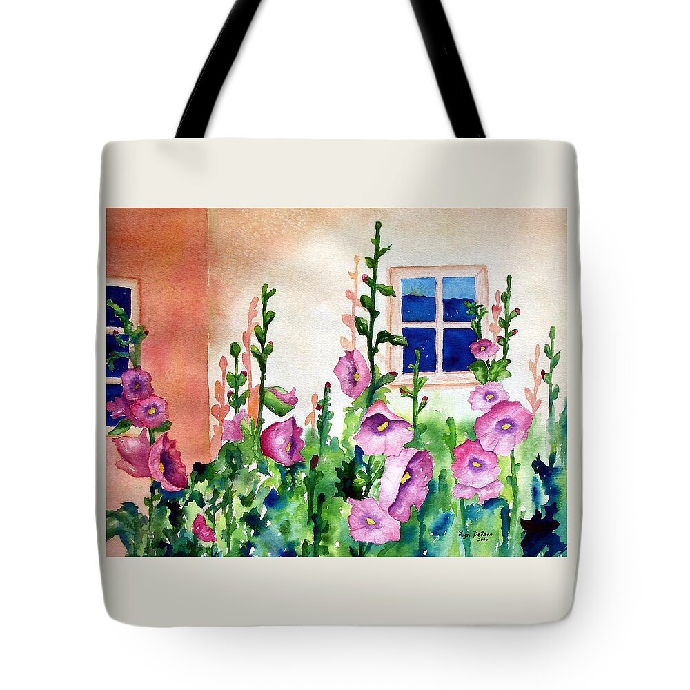 Flowers Tote Bag featuring the painting Hollyhocks by Lyn DeLano