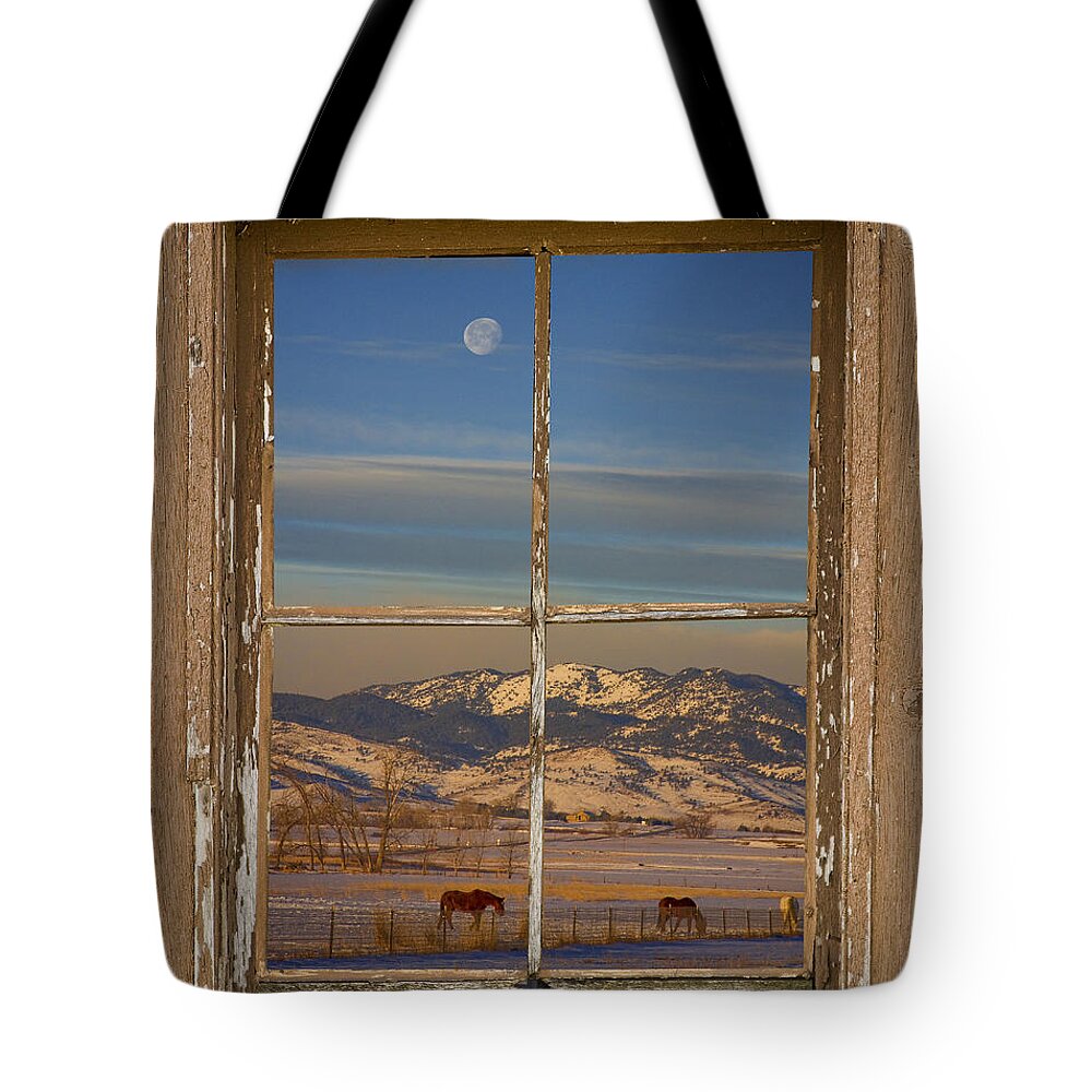Horses Tote Bag featuring the photograph Horses and Moon Rustic Farm Window View by James BO Insogna
