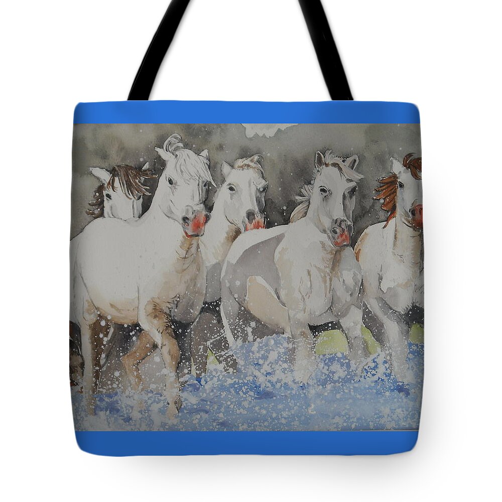Horses Tote Bag featuring the painting Horses thru water by Teresa Smith