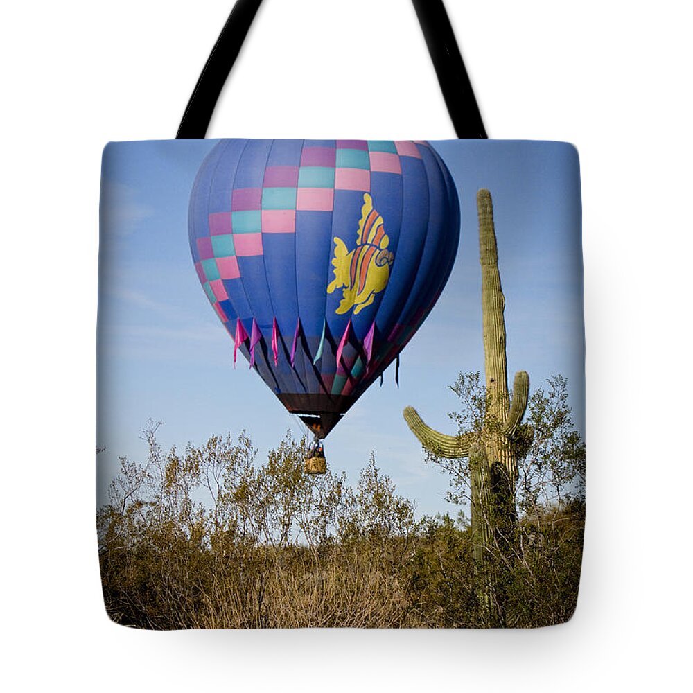 Balloon Tote Bag featuring the photograph Hot Air Balloon Flight over the Lush Arizona Desert by James BO Insogna