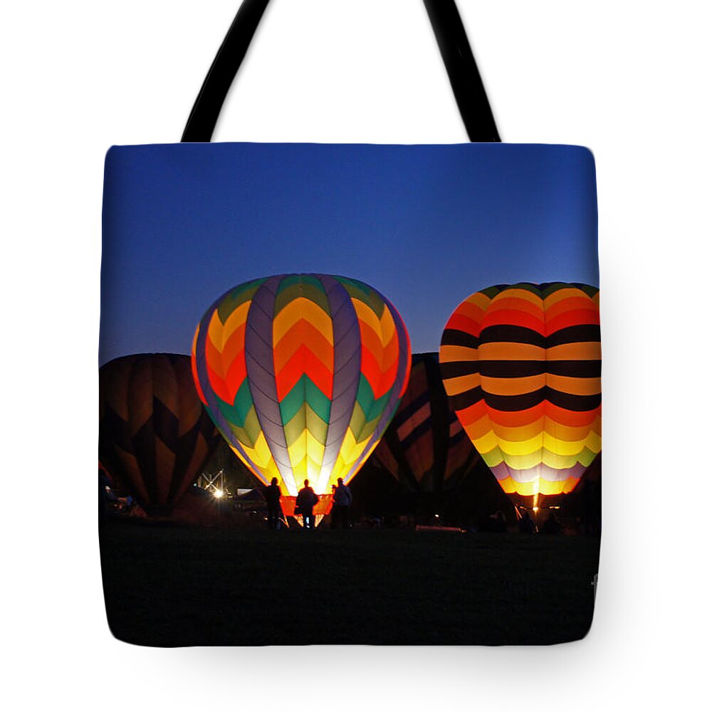 Hot Air Balloon Tote Bag featuring the photograph Hot Air Balloons at Dusk by Benanne Stiens