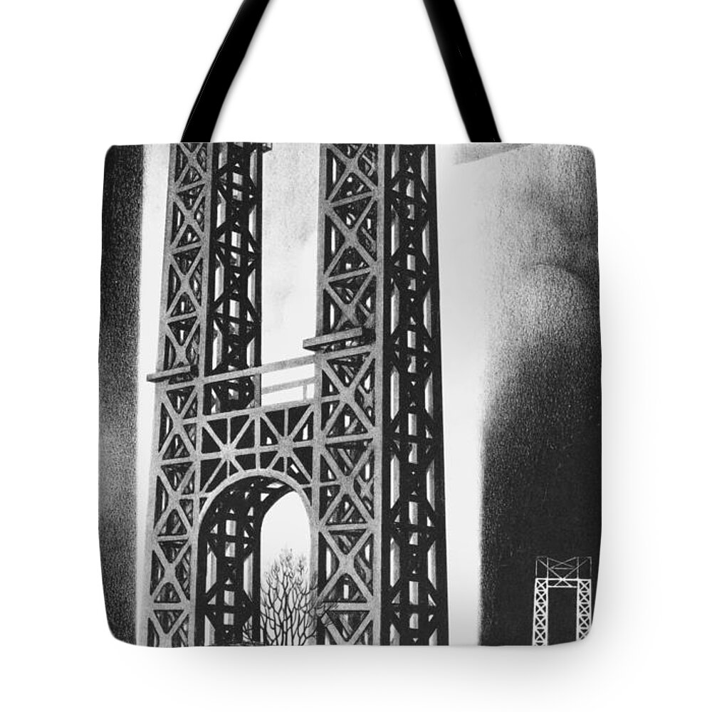 Historic Tote Bag featuring the photograph Hudson Bridge Lithograph, 1928 by Photo Researchers