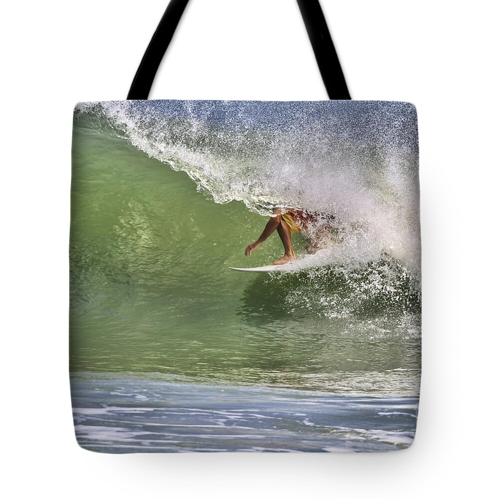 Surfer Tote Bag featuring the photograph In The Tube At Ponce by Deborah Benoit