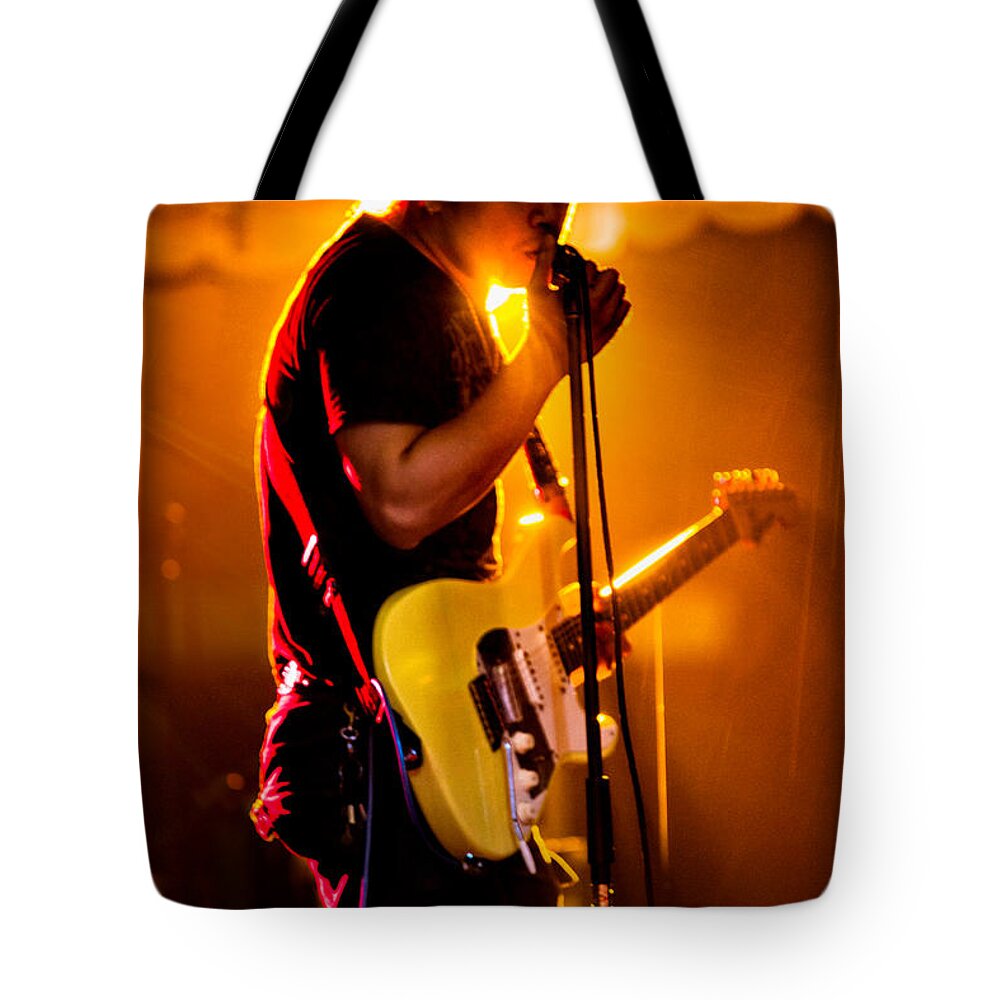 Band Tote Bag featuring the photograph Into the Mic by Christopher Holmes