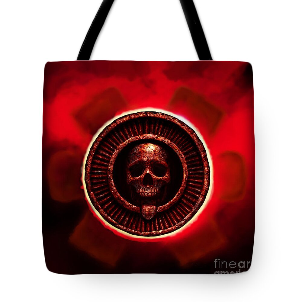 Mictlantecuhtli Tote Bag featuring the mixed media It Stares Back by Tony Koehl