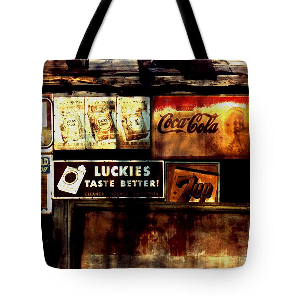 Old Products Tote Bag featuring the photograph Kentucky Shed Ad Signs by Tom Wurl
