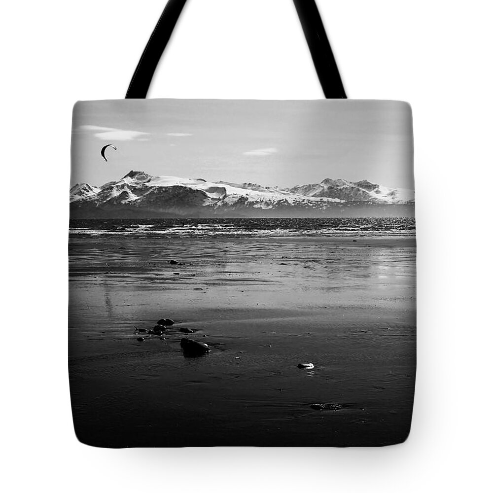 Kite Surfer Tote Bag featuring the photograph Kite Surfer on an Alaskan beach by Michele Cornelius