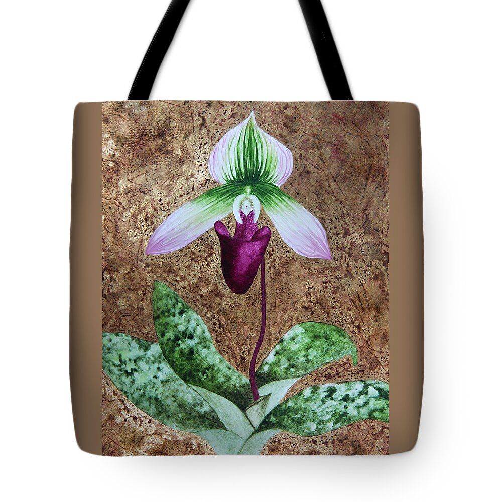 Floral Tote Bag featuring the mixed media Lady Slipper Orchid with Gold Leaf background by Kerri Ligatich