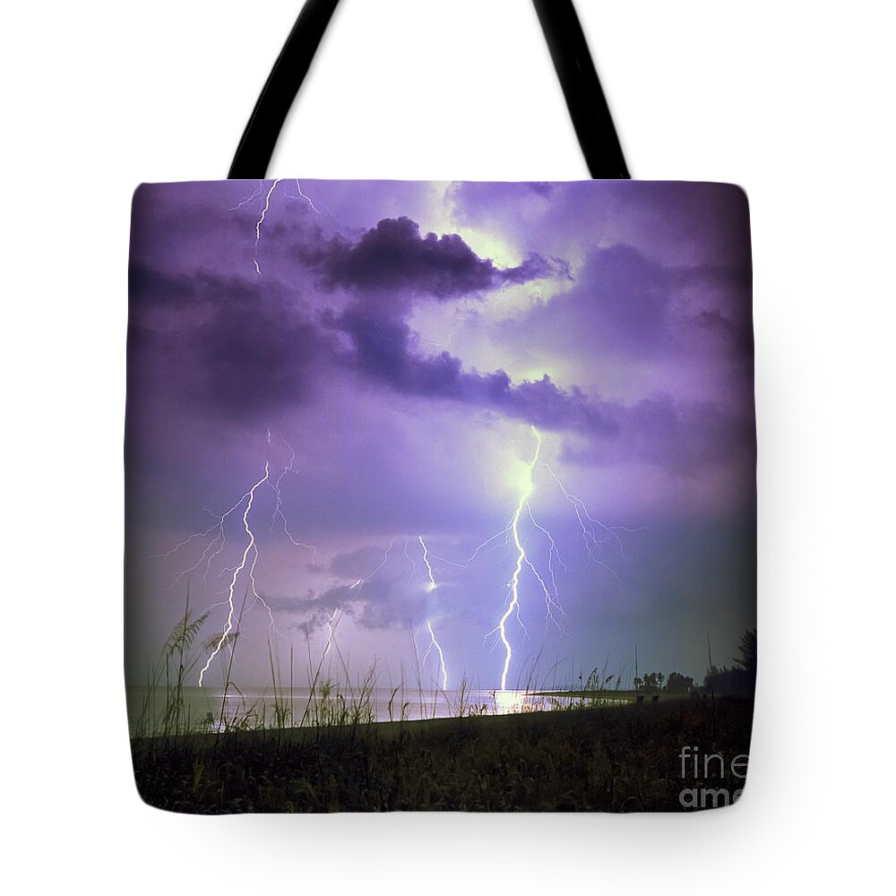 Weather Photography Tote Bag featuring the photograph Lightning over Florida by Keith Kapple