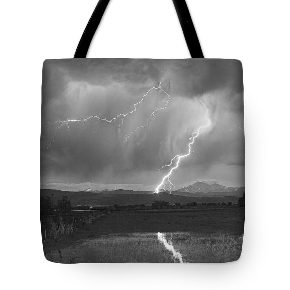 Awesome Tote Bag featuring the photograph Lightning Striking Longs Peak Foothills 2BW by James BO Insogna