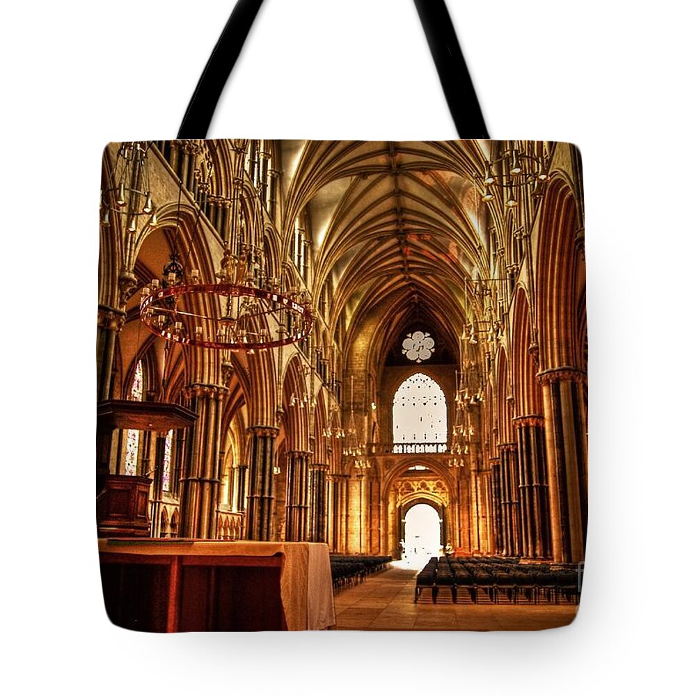 Yhun Suarez Tote Bag featuring the photograph Lincoln Cathedral Altar And Nave by Yhun Suarez