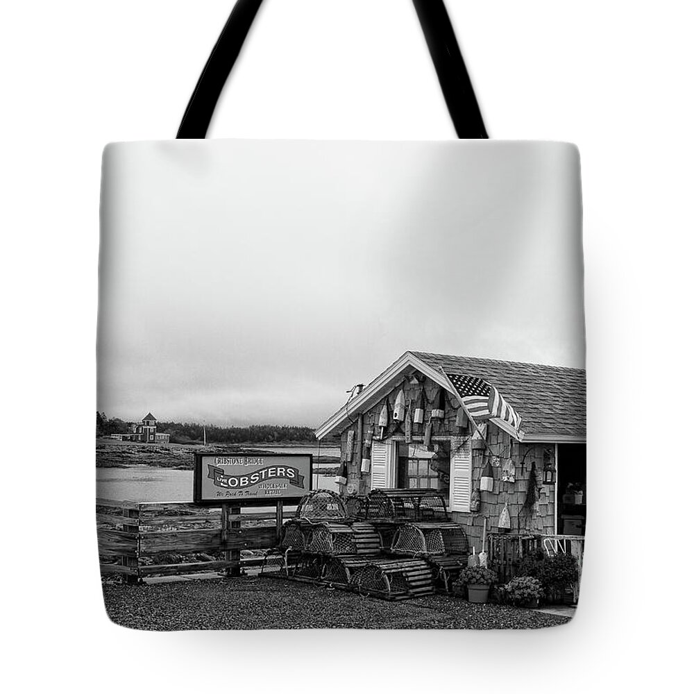 Maine Tote Bag featuring the photograph Lobster House bw by Sue Karski